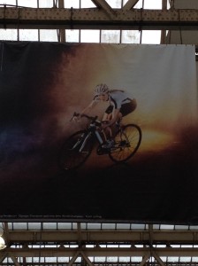 Victoria Pendleton, on a bike, on a poster in Waterloo station